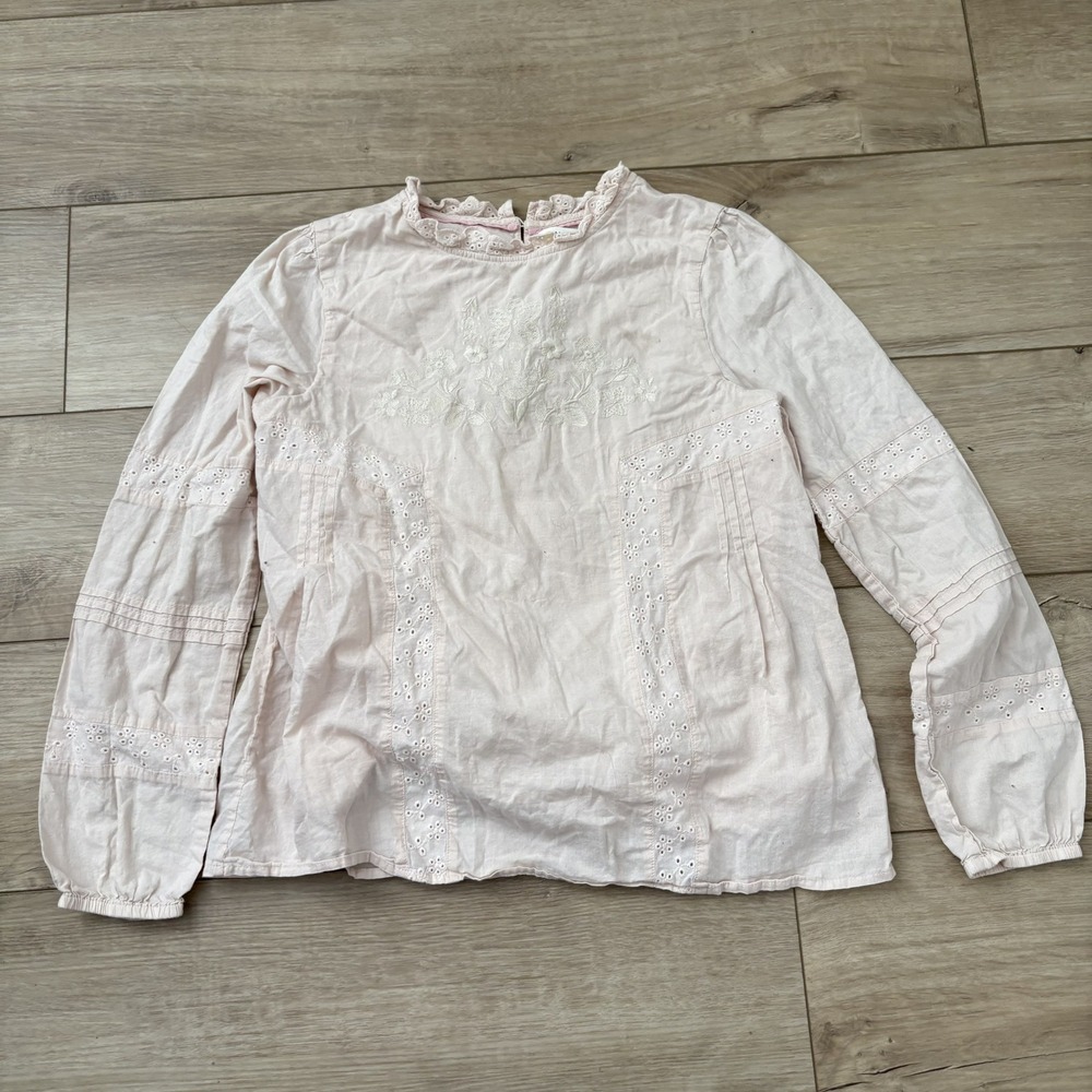 Mini Boden Size 13 Girls Pale Pink Embroidered Long Sleeve Ruffle Detail Blouse